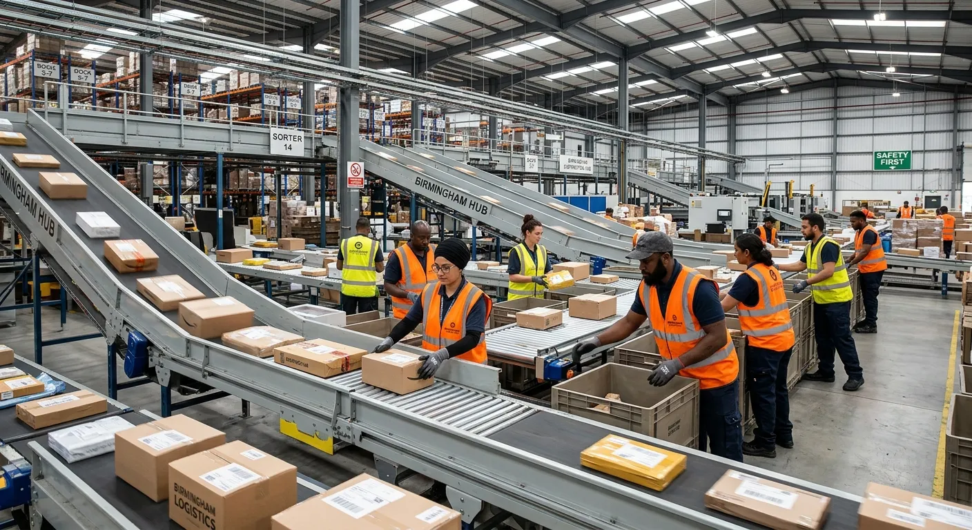 A dynamic, well-lit photograph of a modern parcel sorting warehouse in Birmingham. Shows a diverse t... A dynamic, well-lit photograph of a modern parcel sorting warehouse in Birmingham. Shows a diverse team of parcel sorters in high-visibility vests efficiently moving packages on conveyor belts in a large, organised facility.
