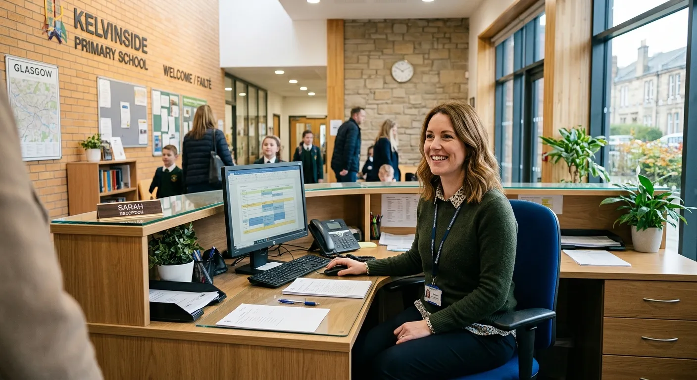 A professional, friendly-looking woman wearing smart-casual attire smiling and working at a modern s... A professional, friendly-looking woman wearing smart-casual attire smiling and working at a modern school reception desk. The image should convey a welcoming, organised, and efficient school office environment in a Glasgow setting.