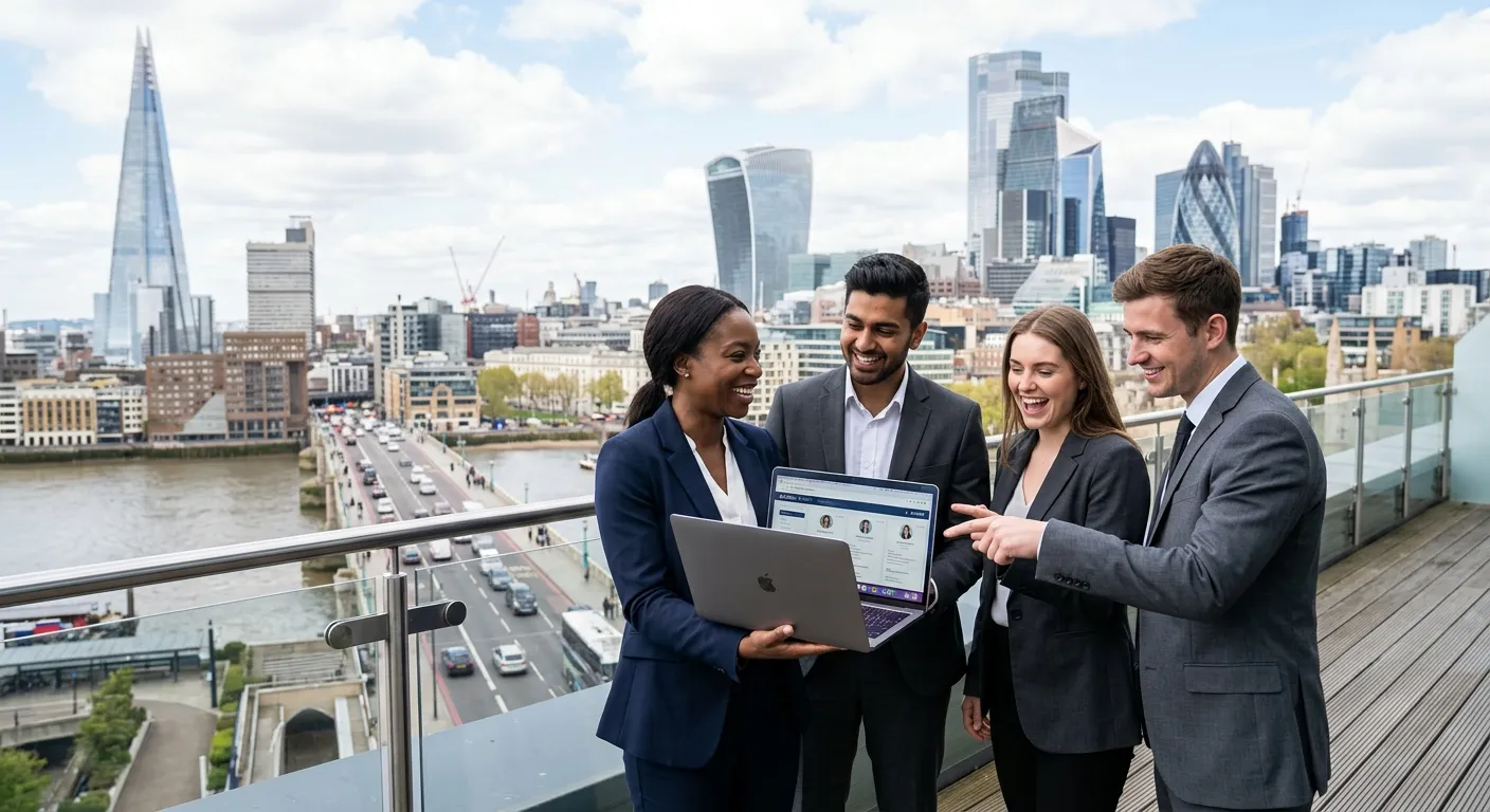 A dynamic, professional photo of the London skyline (The Shard, Gherkin) with a diverse group of sui... A dynamic, professional photo of the London skyline (The Shard, Gherkin) with a diverse group of suited recruitment consultants and happy candidates in the foreground, looking at a laptop screen together. Style: Bright, sharp, optimistic.