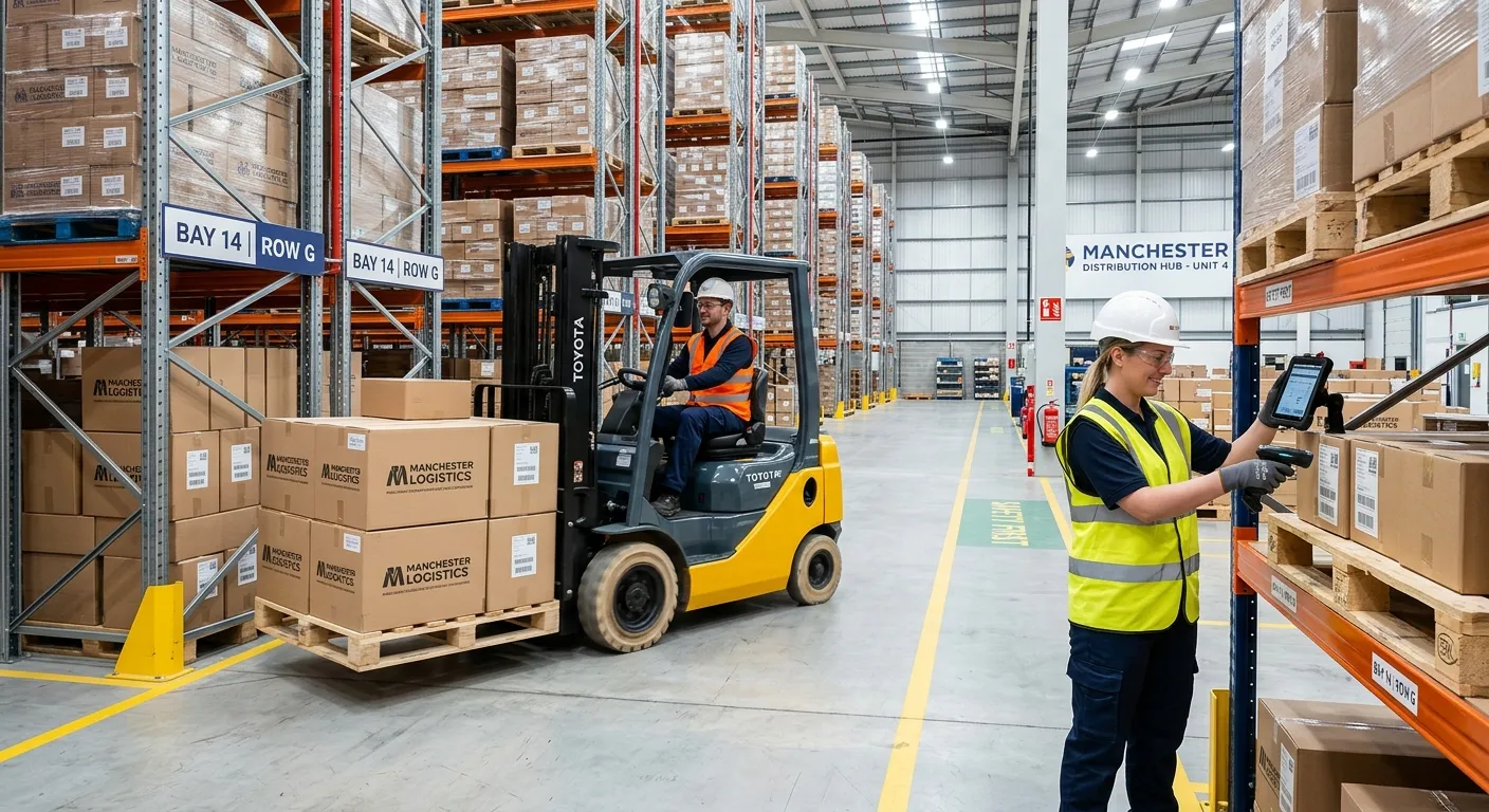 A modern, well-organised warehouse in Manchester with workers in high-vis vests operating a forklift and scanning packages, conveying efficiency and a safe, professional environment.