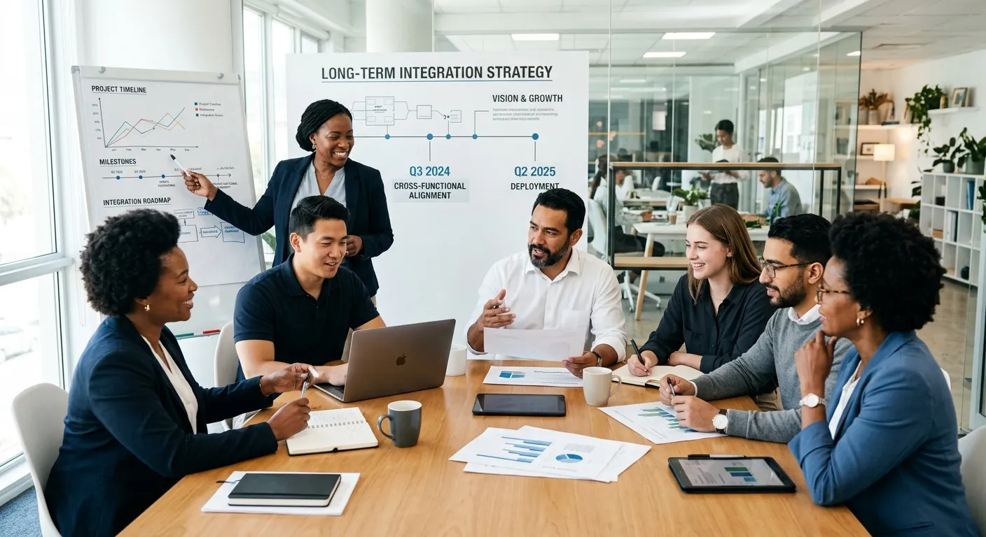 A diverse group of professionals collaborating in a modern office setting, representing long-term team integration. Style: Professional, bright, and welcoming. Mood: Collaborative and strategic.