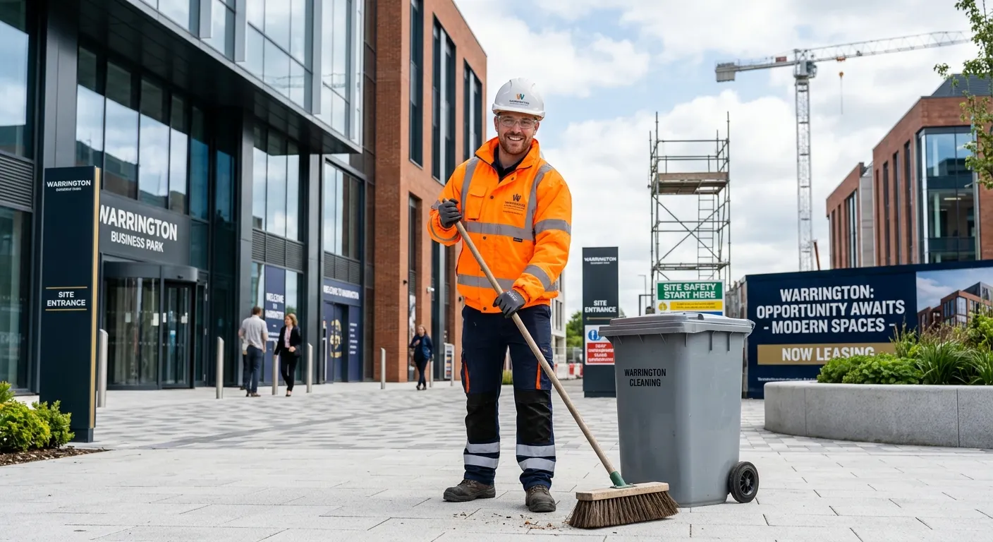 A professional and trustworthy image of a Site Cleaner in hi-vis attire, smiling and holding cleaning equipment, working in a modern commercial or construction site environment in Warrington. The image should convey reliability, safety, and a sense of immediate opportunity.