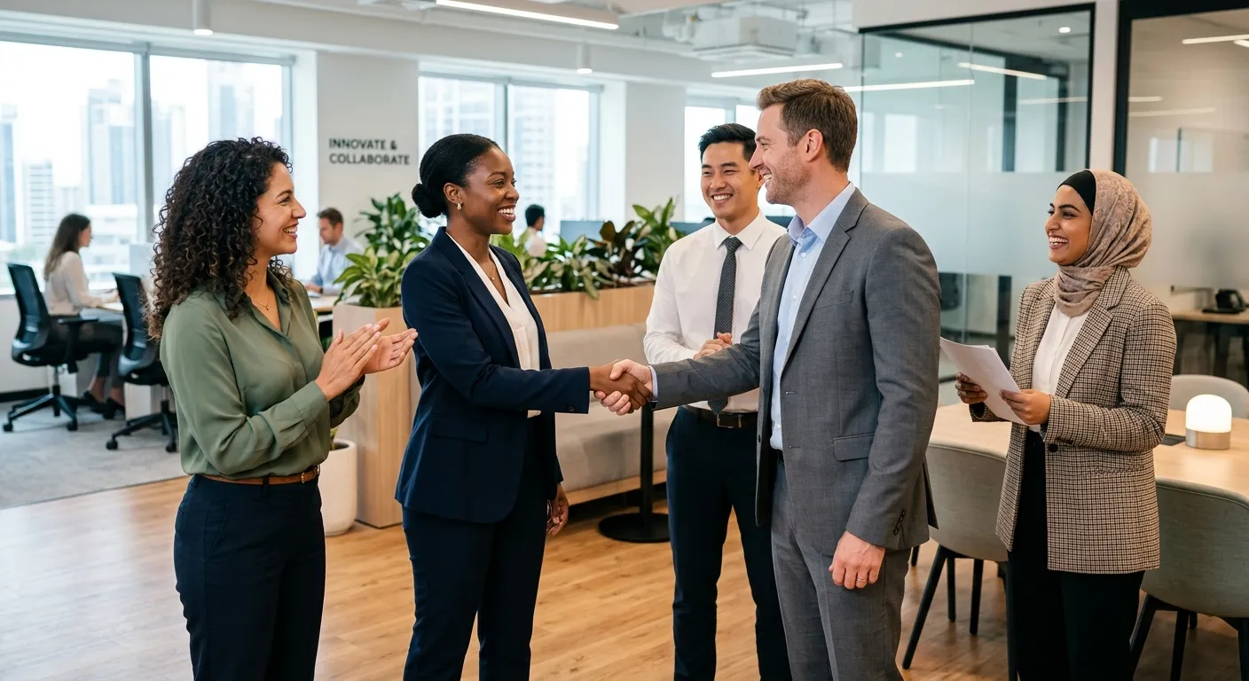 A professional, optimistic group of diverse employees in a modern office, shaking hands and smiling, symbolizing successful long-term placement and team integration. Style: Bright, high-resolution corporate photography with a focus on collaboration and stability.