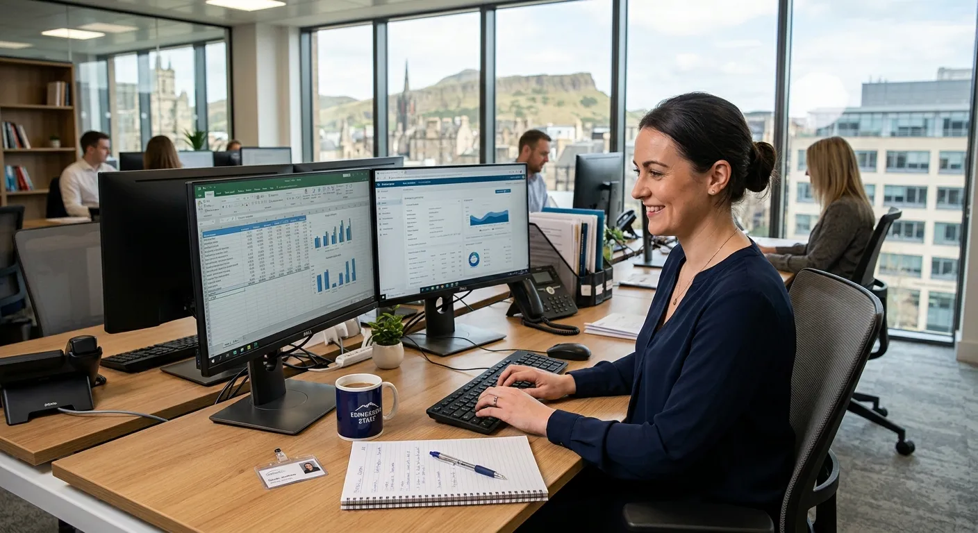Professional, welcoming photo of a modern, organised office in Edinburgh, focusing on a person working efficiently on a computer with dual monitors, a notepad, and a cup of coffee, symbolising a productive Payroll Administrator role.