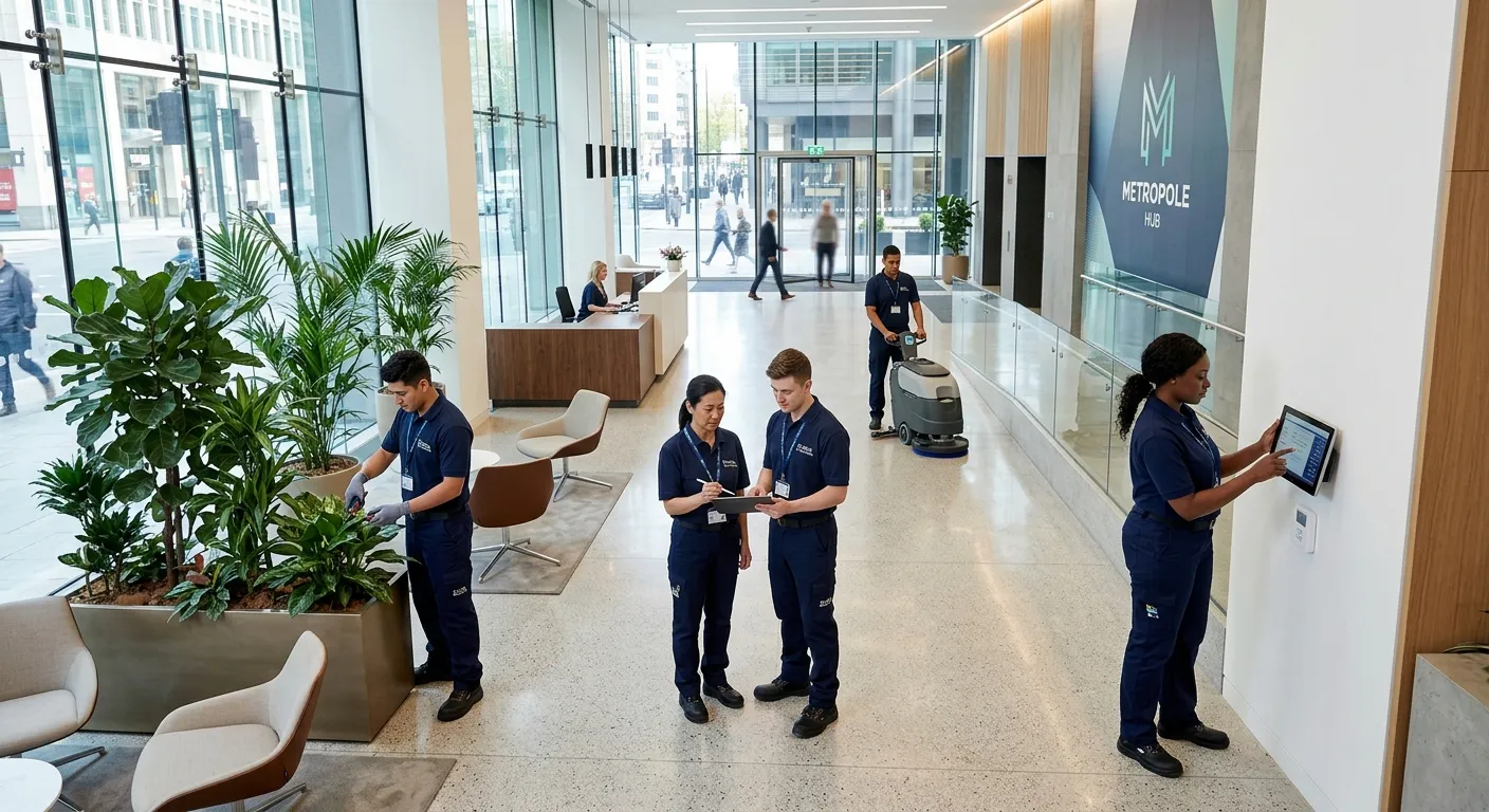 A professional, high-angle shot of a modern, well-maintained commercial building lobby. A diverse te... A professional, high-angle shot of a modern, well-maintained commercial building lobby. A diverse team of facilities staff in smart uniforms is engaged in various tasks – one checking a digital panel, another tending to indoor plants, a supervisor reviewing a tablet. The image conveys efficiency, technology, and teamwork. Style: Corporate, bright, and sharp.