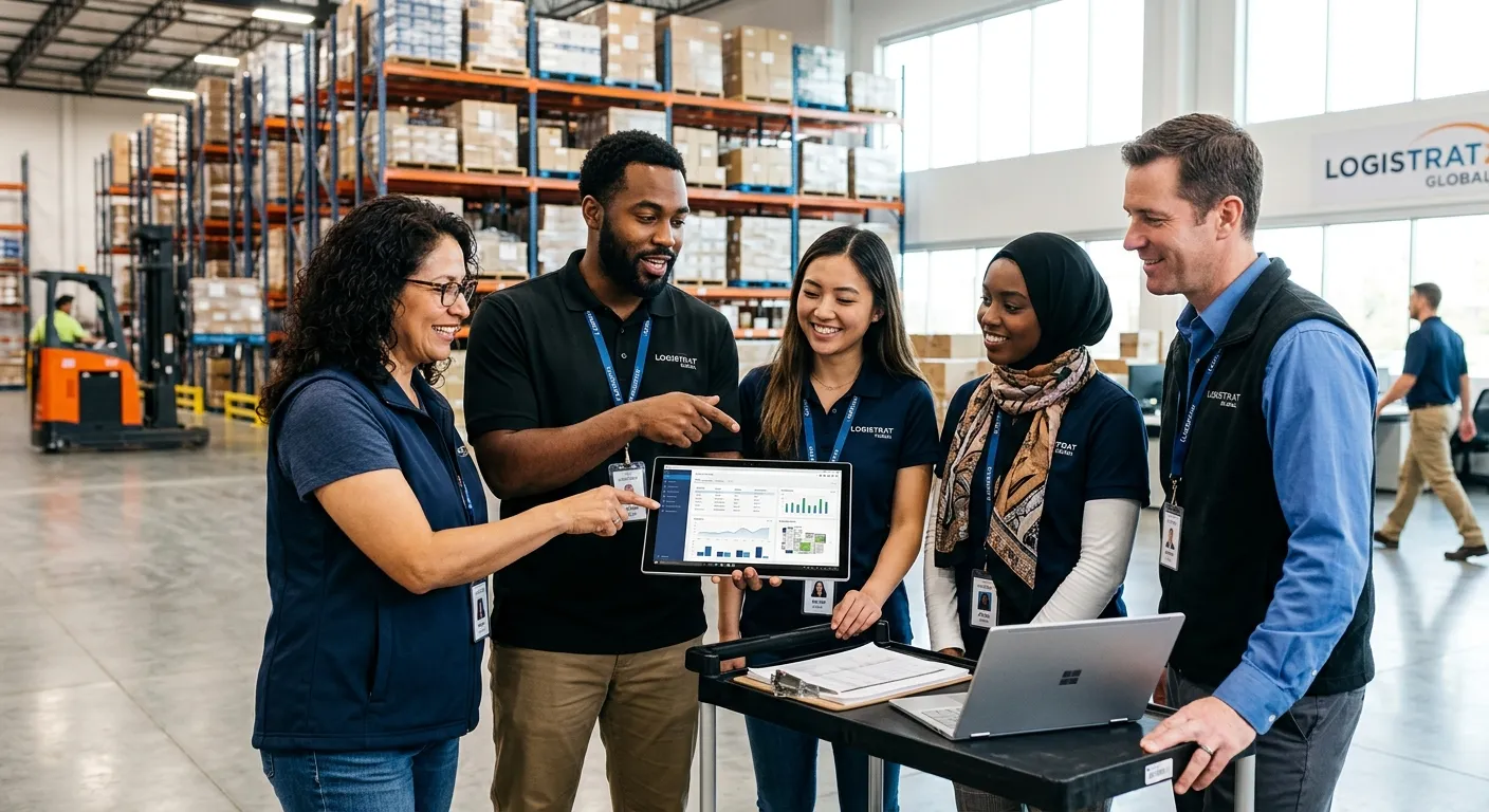 A professional, diverse group of workers in a modern warehouse or office setting, collaborating and... A professional, diverse group of workers in a modern warehouse or office setting, collaborating and looking at a tablet together. Style should be bright, optimistic, and focused on teamwork and strategic planning.