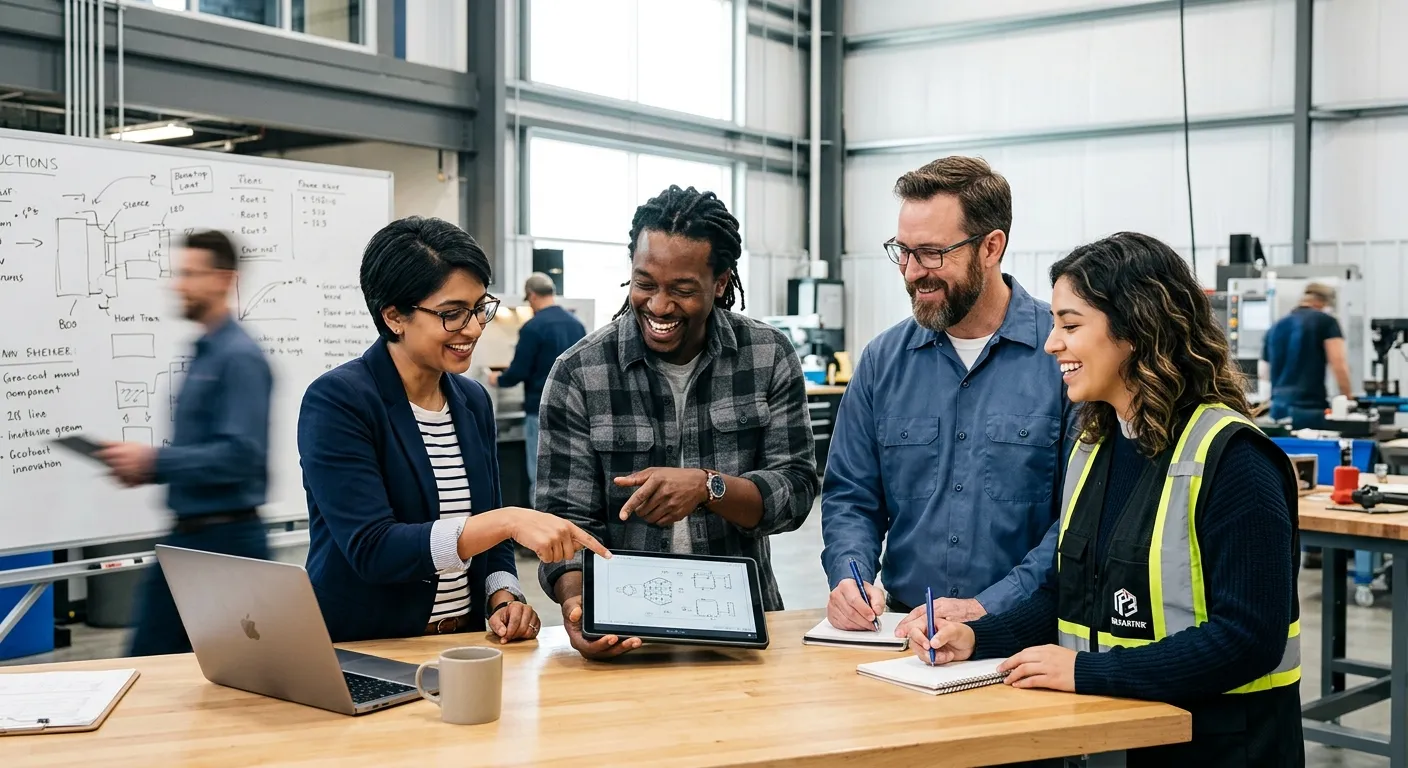 A professional, diverse group of workers in a modern office or light industrial setting, smiling and collaborating. The image should convey trust, partnership, and dynamic energy. Style: Bright, high-contrast, professional photography.