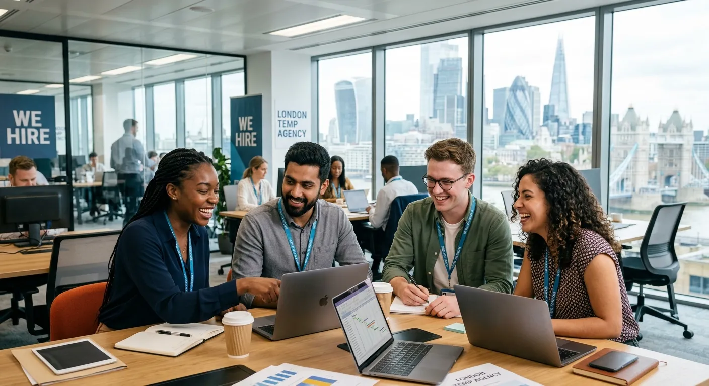 A dynamic, professional photo of a diverse group of temporary workers in a modern London office setting, smiling and collaborating. Style: Bright, energetic, high-resolution business photography. Mood: Productive, agile, and professional.
