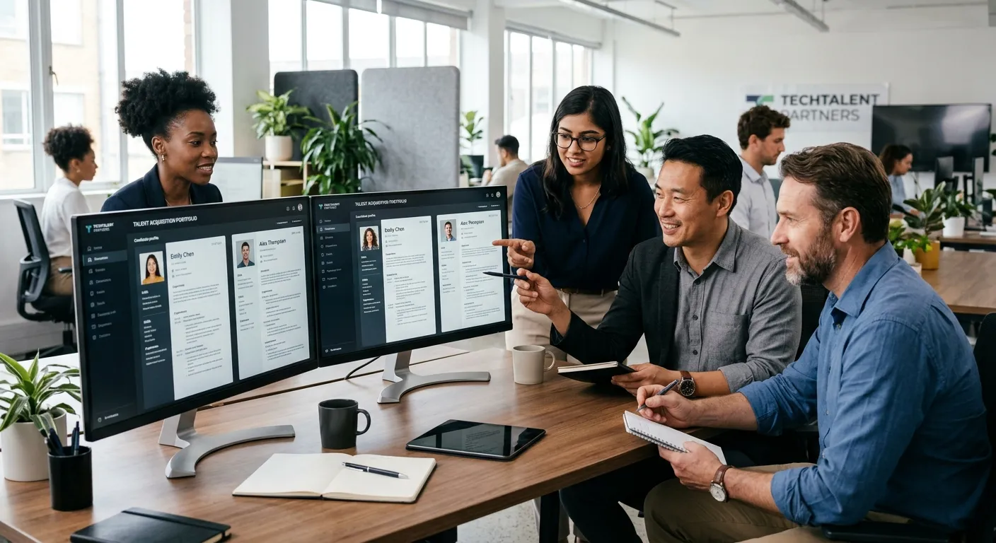 A diverse group of professional recruiters in a modern office, collaboratively reviewing candidate p... A diverse group of professional recruiters in a modern office, collaboratively reviewing candidate profiles on dual monitors, conveying expertise and partnership.