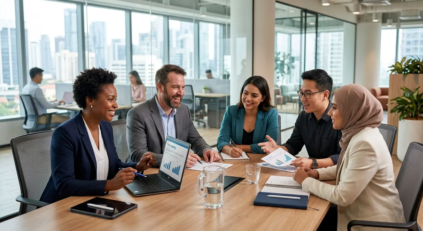 Professional, high-resolution hero image featuring a diverse team of business professionals in a modern office setting, collaborating around a table. Style should be bright, dynamic, and convey successful partnership.