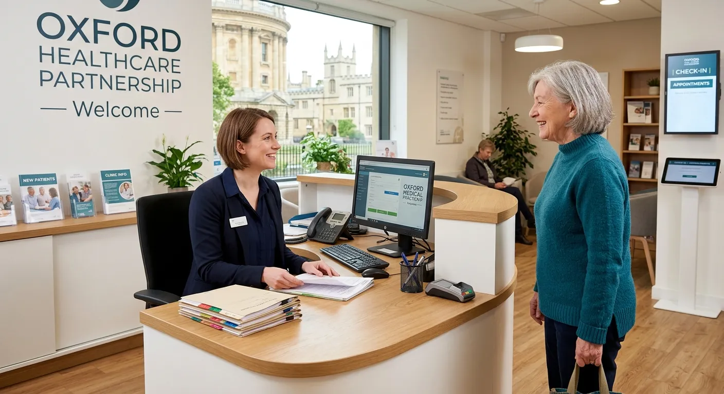 A professional, welcoming image of a modern medical reception area in Oxford. A friendly receptionist in smart attire is assisting a patient at a sleek desk, with a computer and medical files visible. The mood is calm, efficient, and trustworthy.