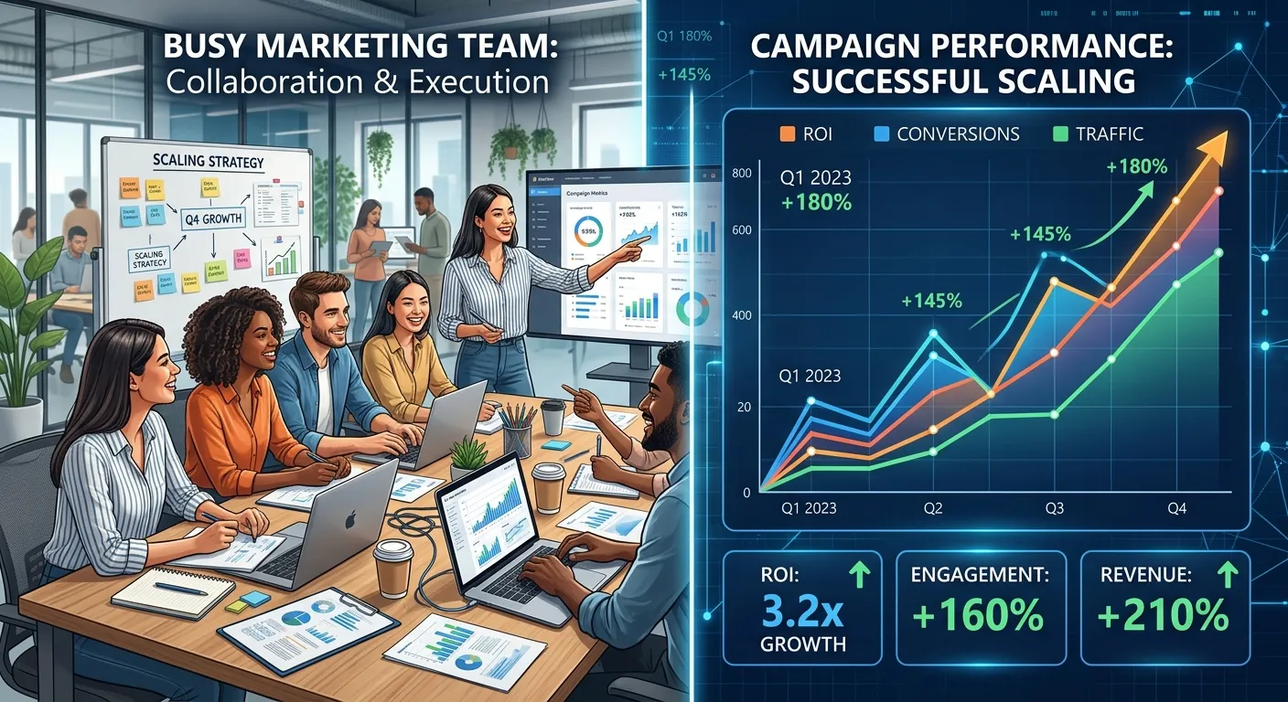 A modern, split-screen graphic showing a busy marketing team on one side and clear, rising campaign performance graphs on the other, symbolizing successful project scaling.