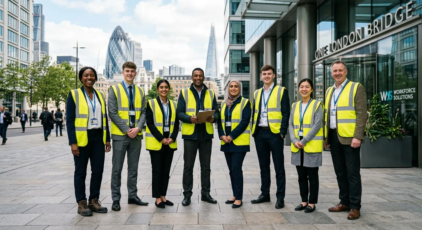 A dynamic, professional photo of a diverse group of temporary workers in high-visibility vests and business attire standing confidently outside a modern London office building, symbolizing a ready workforce.