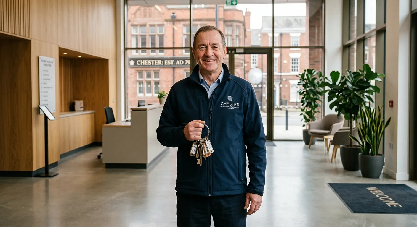 A professional, friendly caretaker in a clean uniform, holding a set of keys and smiling, standing in the well-maintained lobby of a modern building in Chester. The image should convey trust, responsibility, and a welcoming atmosphere.