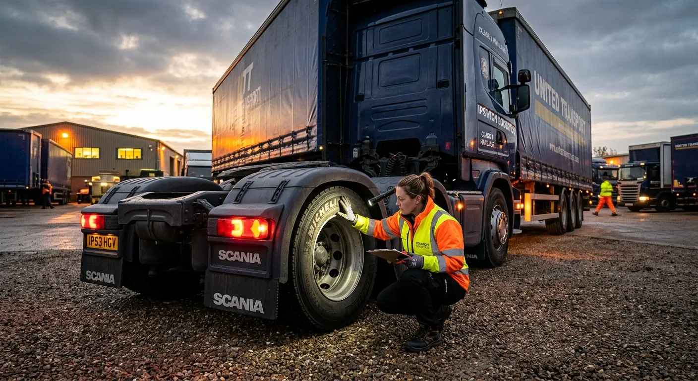 A professional HGV Class 1 driver conducting a thorough walk-around vehicle check in the early morning light at a depot in Ipswich, checking tyres and lights.
