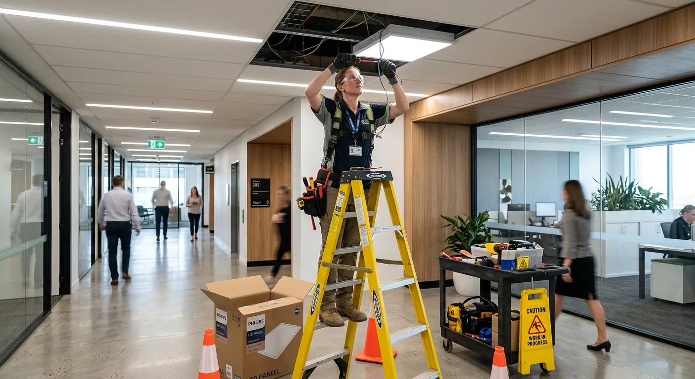 A maintenance technician on a step ladder, replacing a light fitting in a modern commercial corridor... A maintenance technician on a step ladder, replacing a light fitting in a modern commercial corridor.