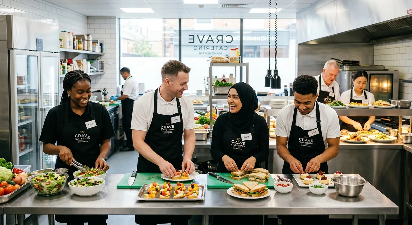 A professional, welcoming image of a diverse team of catering assistants in a clean, bright commercial kitchen in Birmingham, smiling and working together on food preparation. The style is realistic, modern, and aspirational.