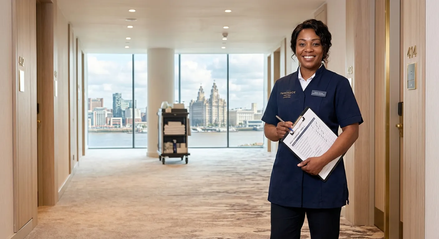 A professional, confident Housekeeping Supervisor in a modern hotel corridor, holding a checklist an... A professional, confident Housekeeping Supervisor in a modern hotel corridor, holding a checklist and smiling at the camera. The background should be bright, clean, and airy, with a focus on the Liverpool skyline out of a window, conveying professionalism and opportunity. Style: modern corporate photography, mood: confident and welcoming.