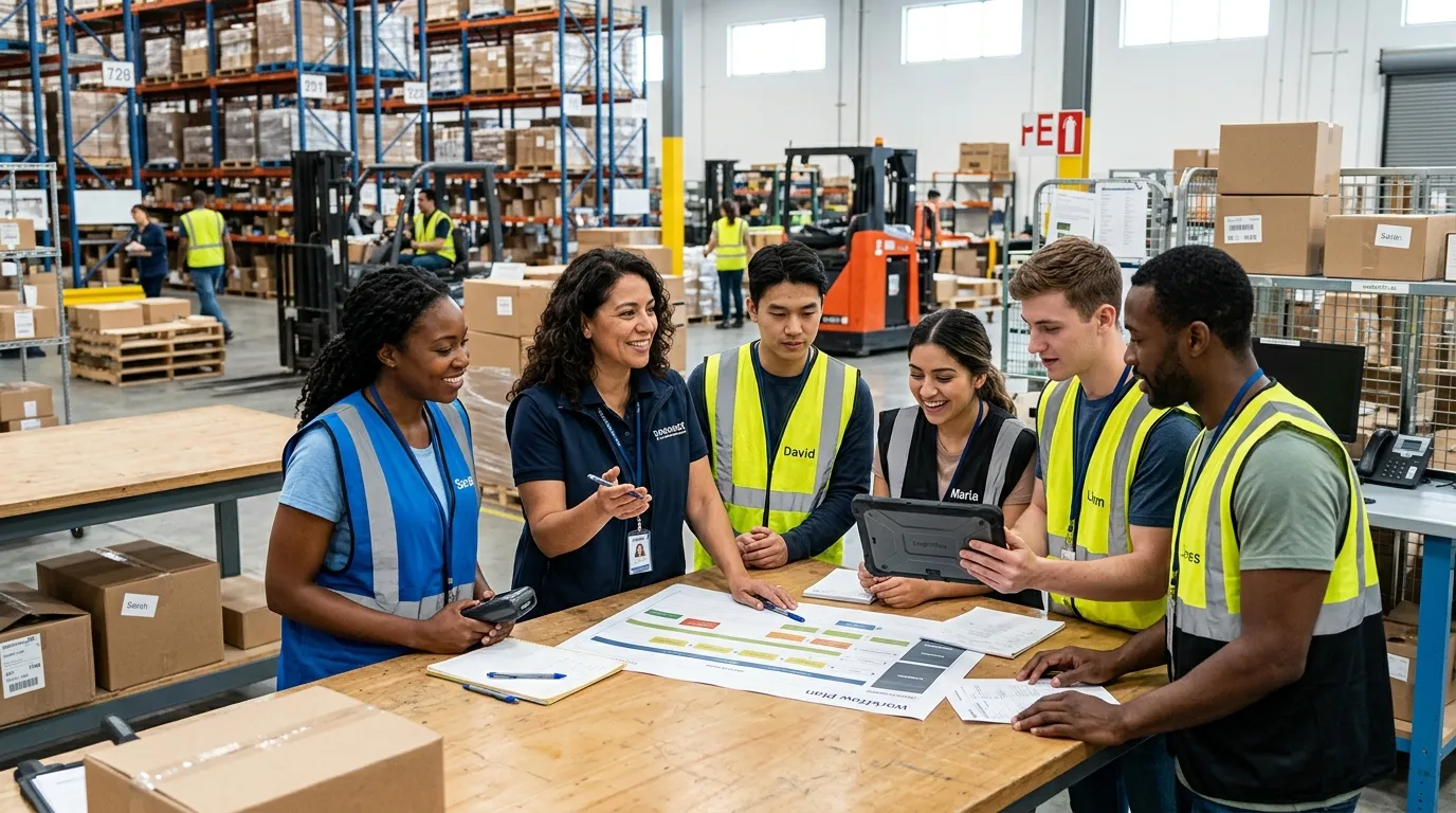 A dynamic, professional hero image showing a diverse team of temporary workers in a modern warehouse or office setting, collaborating with a manager. The mood is energetic, efficient, and solution-oriented, with a focus on human connection and productivity.