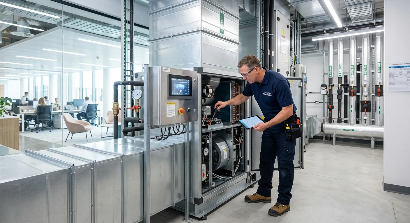 A modern, professional office environment with a facilities manager inspecting a building's HVAC sys... A modern, professional office environment with a facilities manager inspecting a building's HVAC system. Style: Clean, bright, professional. Mood: Efficient, reliable, and modern.