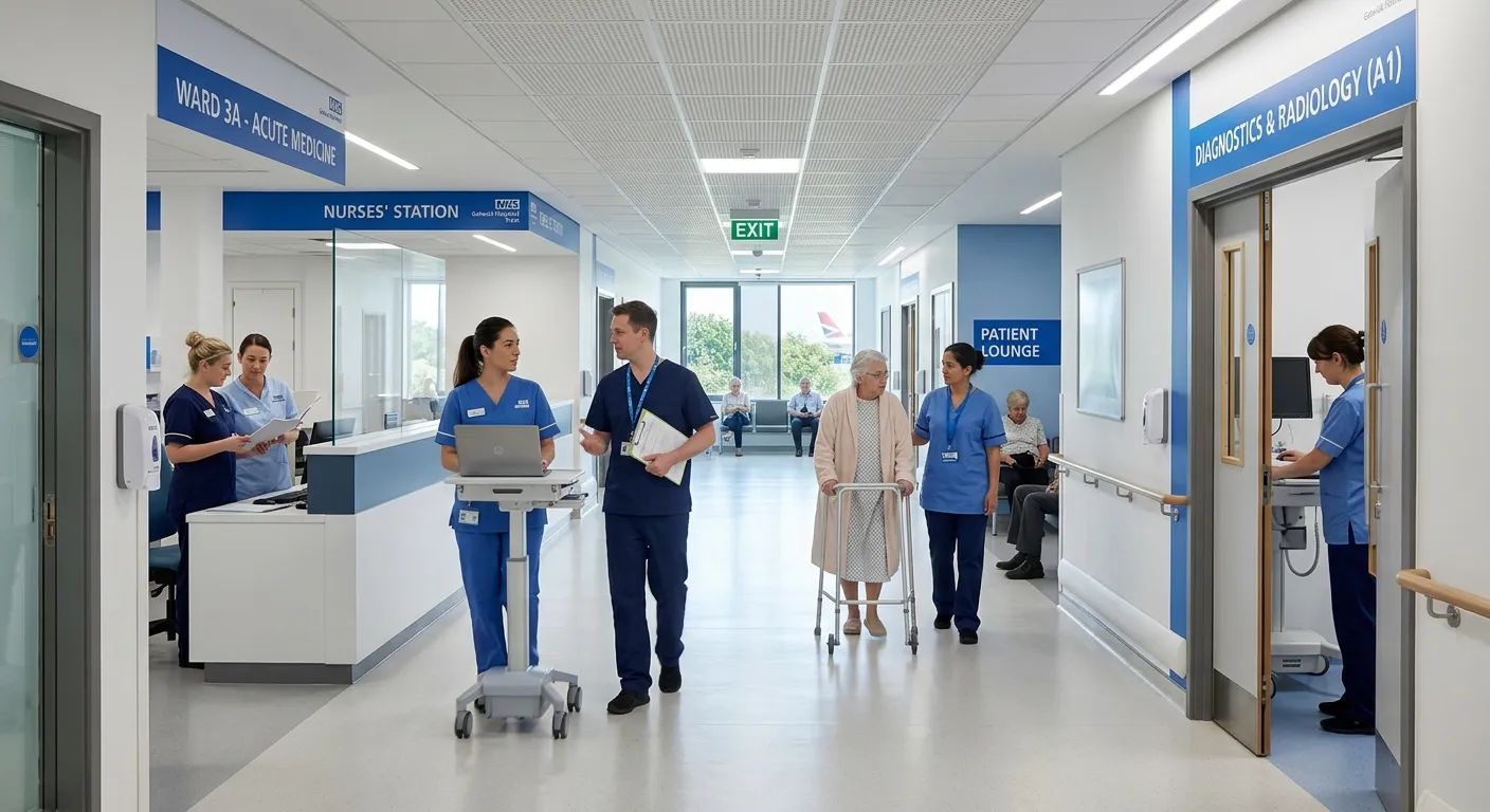A modern, bright hospital corridor in a Gatwick-area healthcare facility, with nursing staff and pat... A modern, bright hospital corridor in a Gatwick-area healthcare facility, with nursing staff and patients visible, showcasing a professional clinical environment.