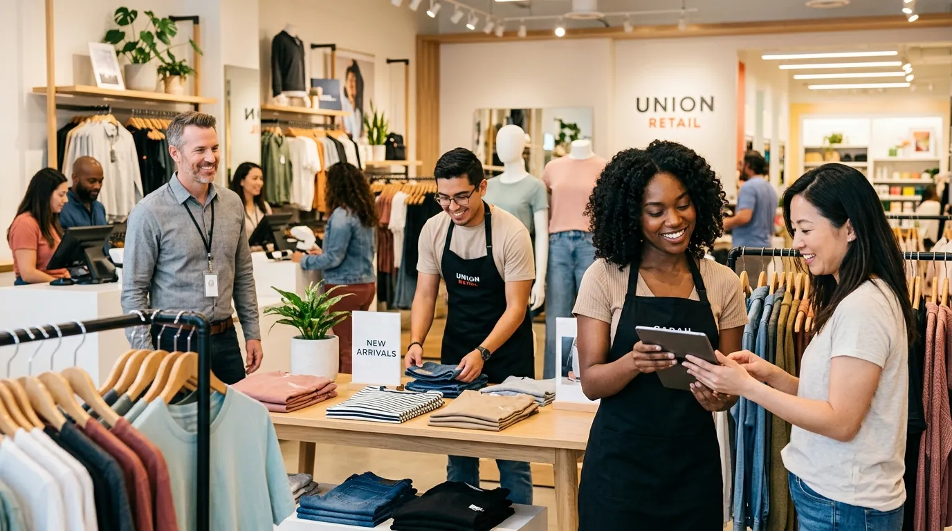 A dynamic, professional hero image showing a diverse team of retail associates in a modern store setting. One is assisting a customer with a tablet, another is arranging a display, and a manager is smiling in the background. Style is bright, optimistic, and high-energy, conveying seamless teamwork.