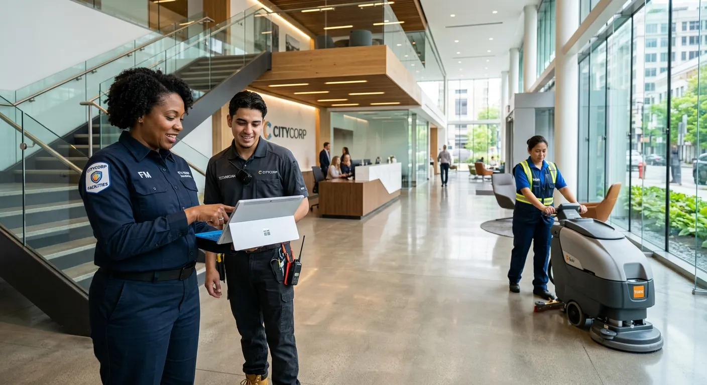 A dynamic, professional photograph of a diverse facilities management team in a modern building lobb... A dynamic, professional photograph of a diverse facilities management team in a modern building lobby. A facilities manager reviews a tablet with a technician, while a cleaner works in the background. Style: Corporate, high-resolution, vibrant. Mood: Efficient, collaborative, and modern.