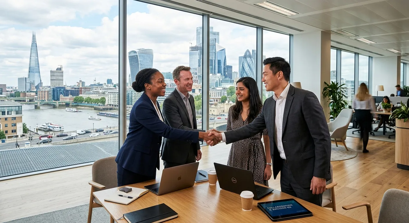 A dynamic, professional photo of a diverse group of professionals shaking hands in a modern London o... A dynamic, professional photo of a diverse group of professionals shaking hands in a modern London office, with the London skyline visible through a window. Style: Bright, optimistic, high-contrast. Mood: Collaborative, successful, and efficient.