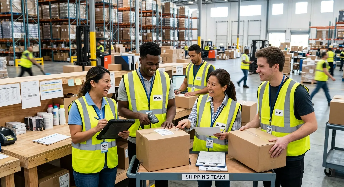 A dynamic, professional photo of a diverse group of temp workers in a modern warehouse or office setting, smiling and collaborating. Style: Bright, energetic, with a focus on teamwork and efficiency. Mood: Confident, productive, and modern.