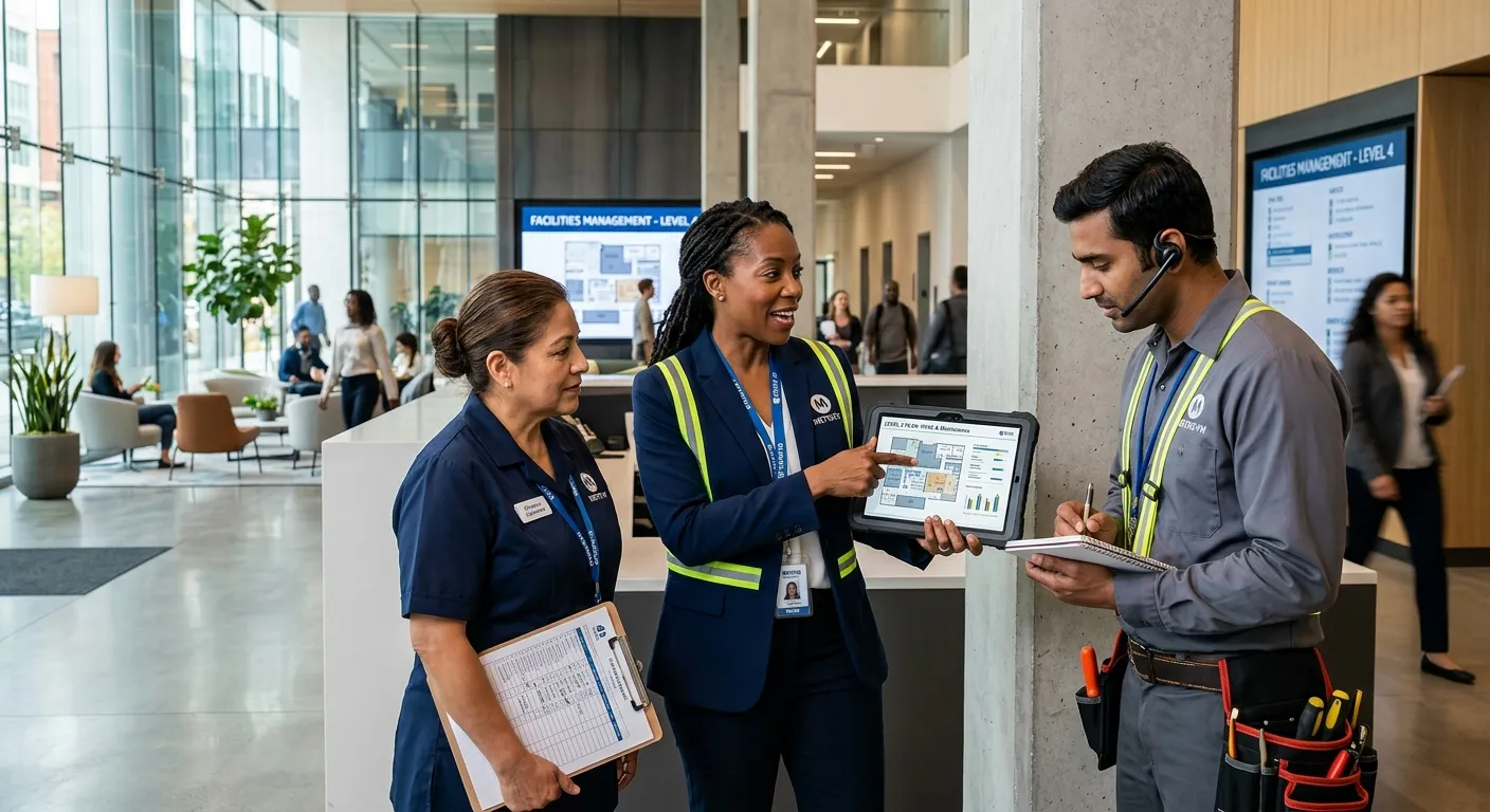 A professional, high-energy photo of a diverse facilities management team in a modern building lobby... A professional, high-energy photo of a diverse facilities management team in a modern building lobby. A facilities manager points to a building schematic on a tablet while a technician and a cleaning supervisor listen. Style: Corporate, sharp, vibrant. Mood: Competent, collaborative, efficient.