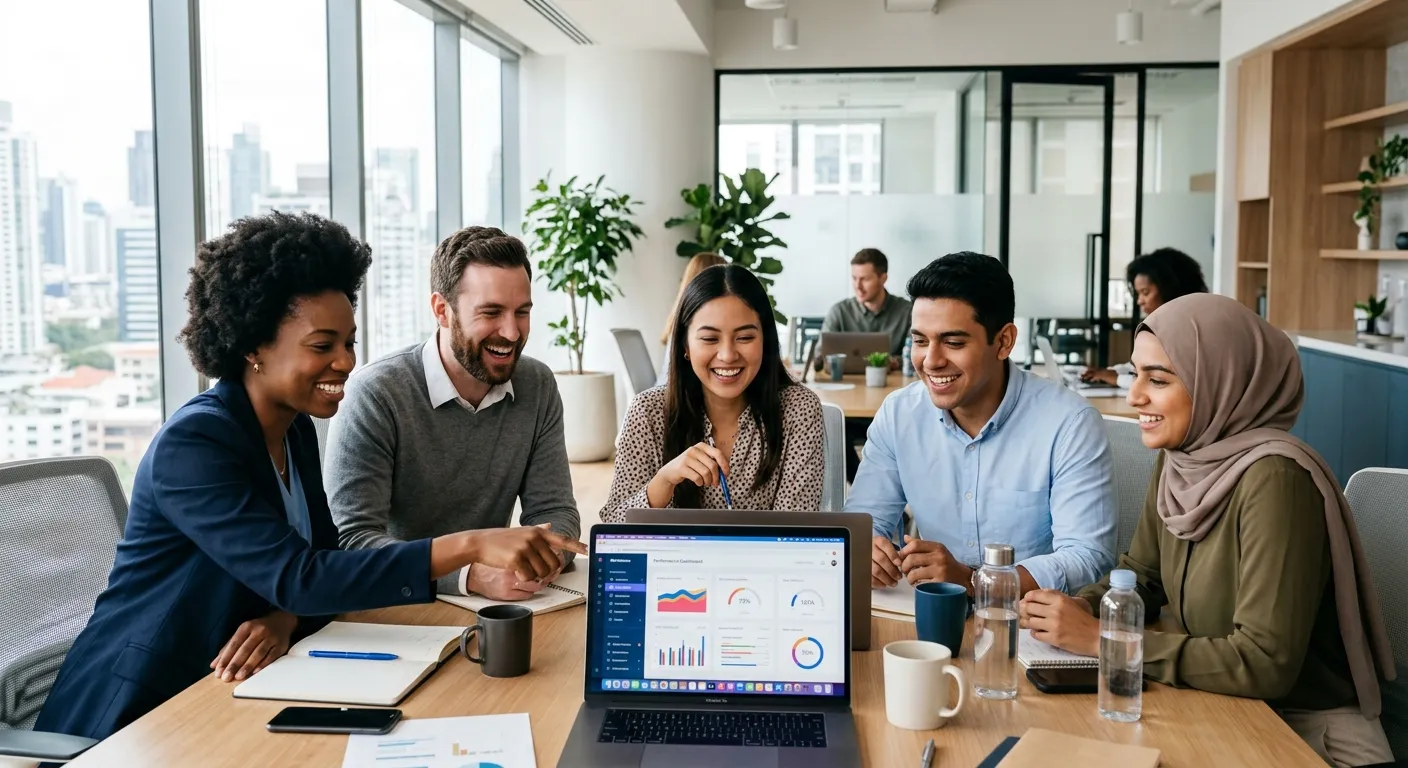 A modern, diverse team of professionals in a bright office collaborating, smiling, and looking at a laptop screen, representing successful recruitment. High-resolution, professional, optimistic mood.