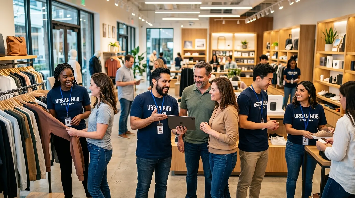 A dynamic, professional hero image showing a diverse team of retail professionals in a modern store... A dynamic, professional hero image showing a diverse team of retail professionals in a modern store setting, interacting with customers and colleagues. The mood is energetic, collaborative, and success-oriented, with a slightly blurred background to emphasize the people.