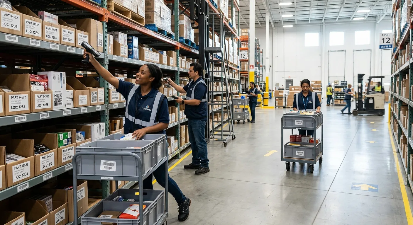 A dynamic, professional warehouse scene with a diverse team efficiently picking items from modern shelving. Bright, high-key lighting showcasing organization, technology like handheld scanners, and a sense of speed and accuracy. Professional stock photo style.