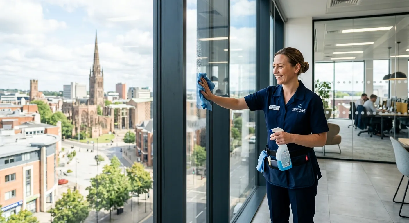 A professional, well-lit photo of a smiling cleaner in a crisp uniform, polishing a large window in a modern office building in Coventry, with the city's skyline visible in the background, conveying trust, cleanliness, and professionalism.