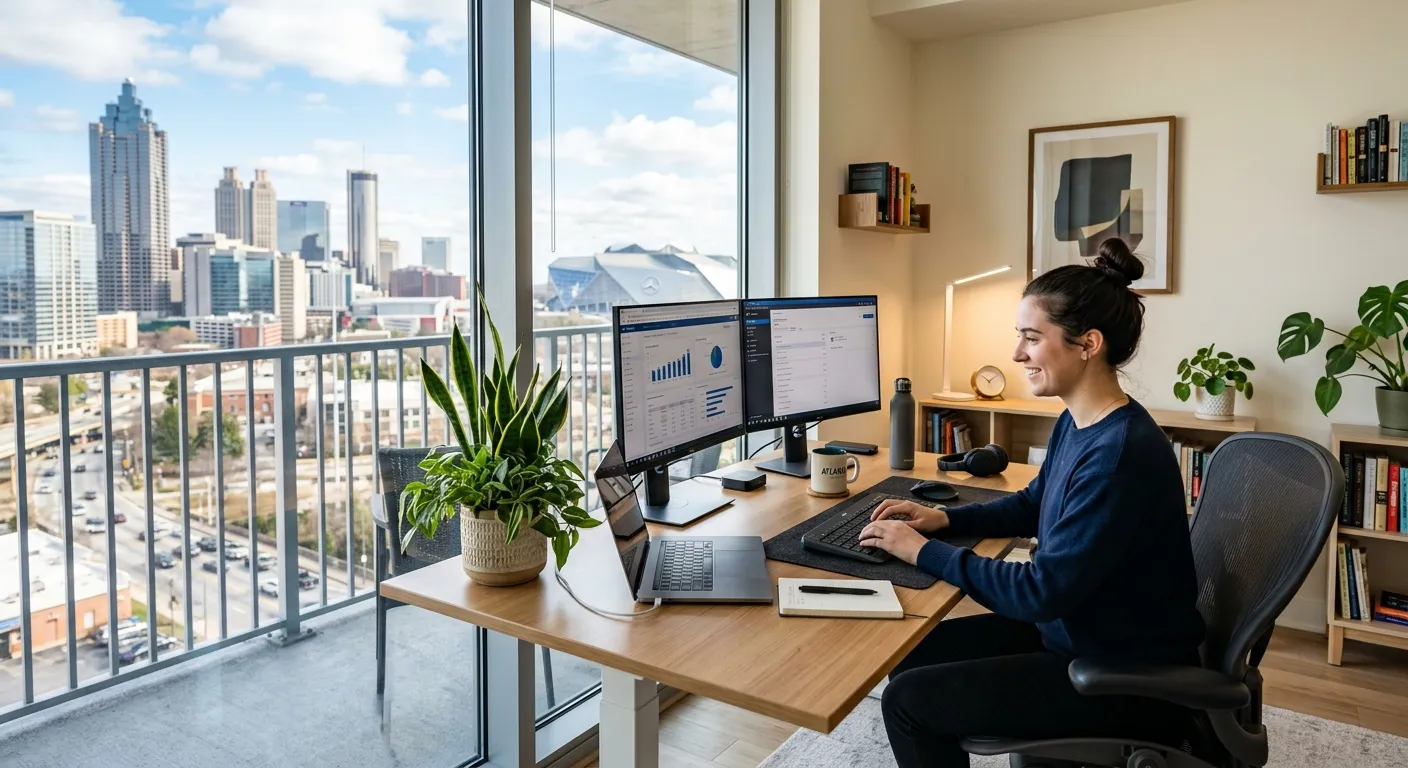A modern, professional home office setup in an Atlanta apartment, featuring a laptop, dual monitors,... A modern, professional home office setup in an Atlanta apartment, featuring a laptop, dual monitors, a plant, and a cityscape view of Atlanta's skyline visible through a window. The mood is productive, bright, and aspirational.