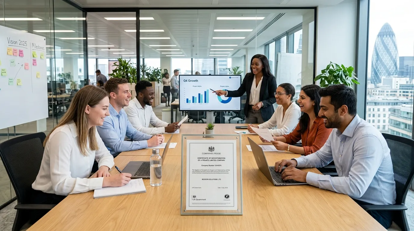 A professional, wide-angle shot of a modern, diverse team collaborating in a bright office environme... A professional, wide-angle shot of a modern, diverse team collaborating in a bright office environment, with a UK Companies House registration certificate subtly visible on a desk in the foreground. Style: Corporate, trustworthy, vibrant. Mood: Efficient, reliable, and forward-thinking.