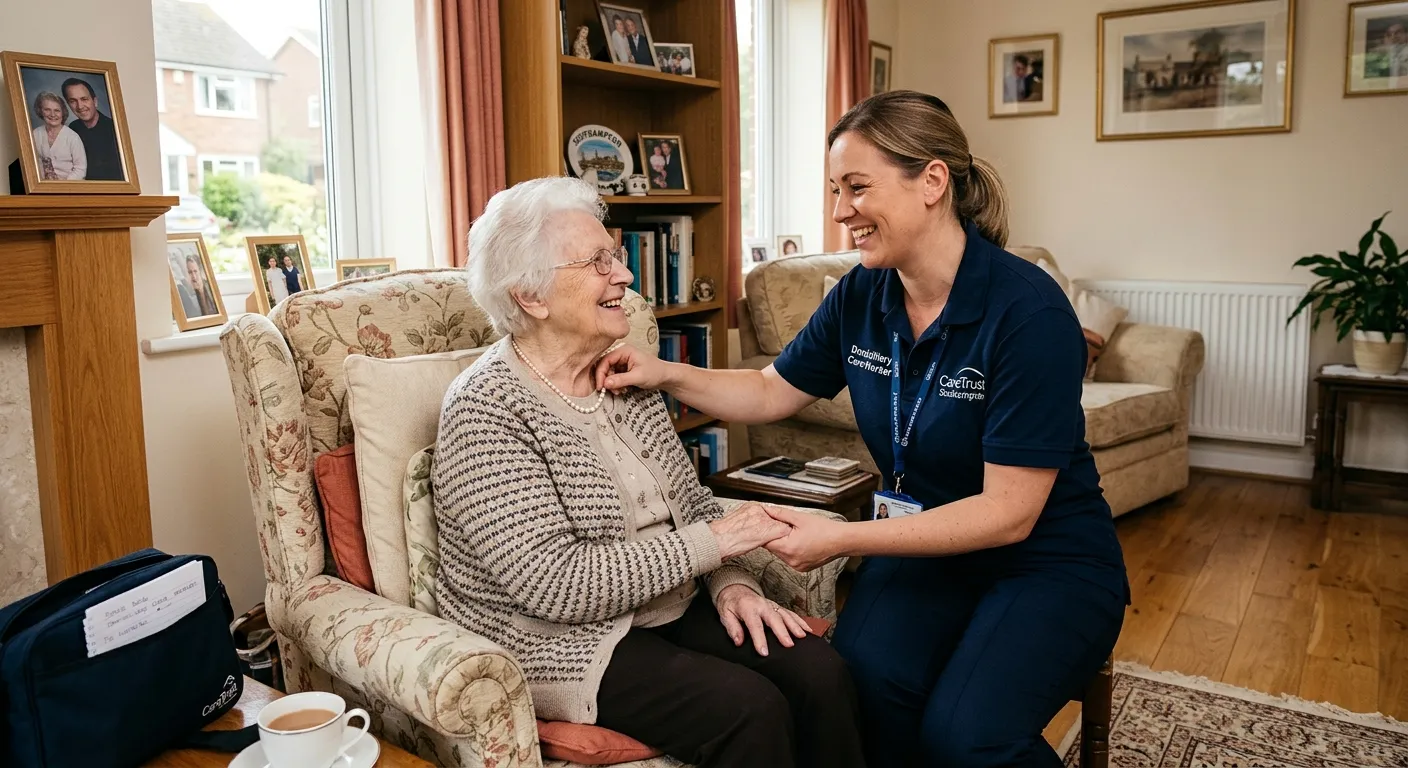 A compassionate Domiciliary Care Worker assisting an elderly client with a warm smile in a well-lit... A compassionate Domiciliary Care Worker assisting an elderly client with a warm smile in a well-lit home setting in Southampton, emphasising trust and professional care.