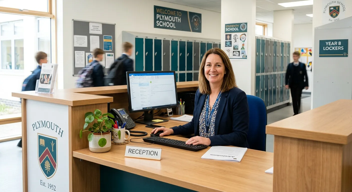 A professional, welcoming image of a modern school reception or administrative office in a Plymouth... A professional, welcoming image of a modern school reception or administrative office in a Plymouth school, featuring a smiling administrator at a tidy desk with a computer, a potted plant, and a view of school lockers in the background. Bright, natural lighting, professional mood.