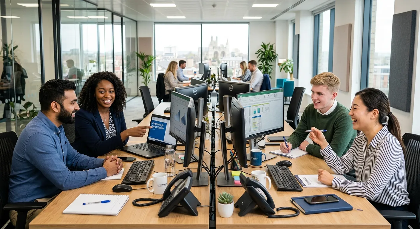 A modern, vibrant office environment in Peterborough, showing a diverse team of office assistants collaborating at a clean, organised desk with computers, phones, and office supplies. Style should be professional, bright, and inviting, conveying efficiency and teamwork.
