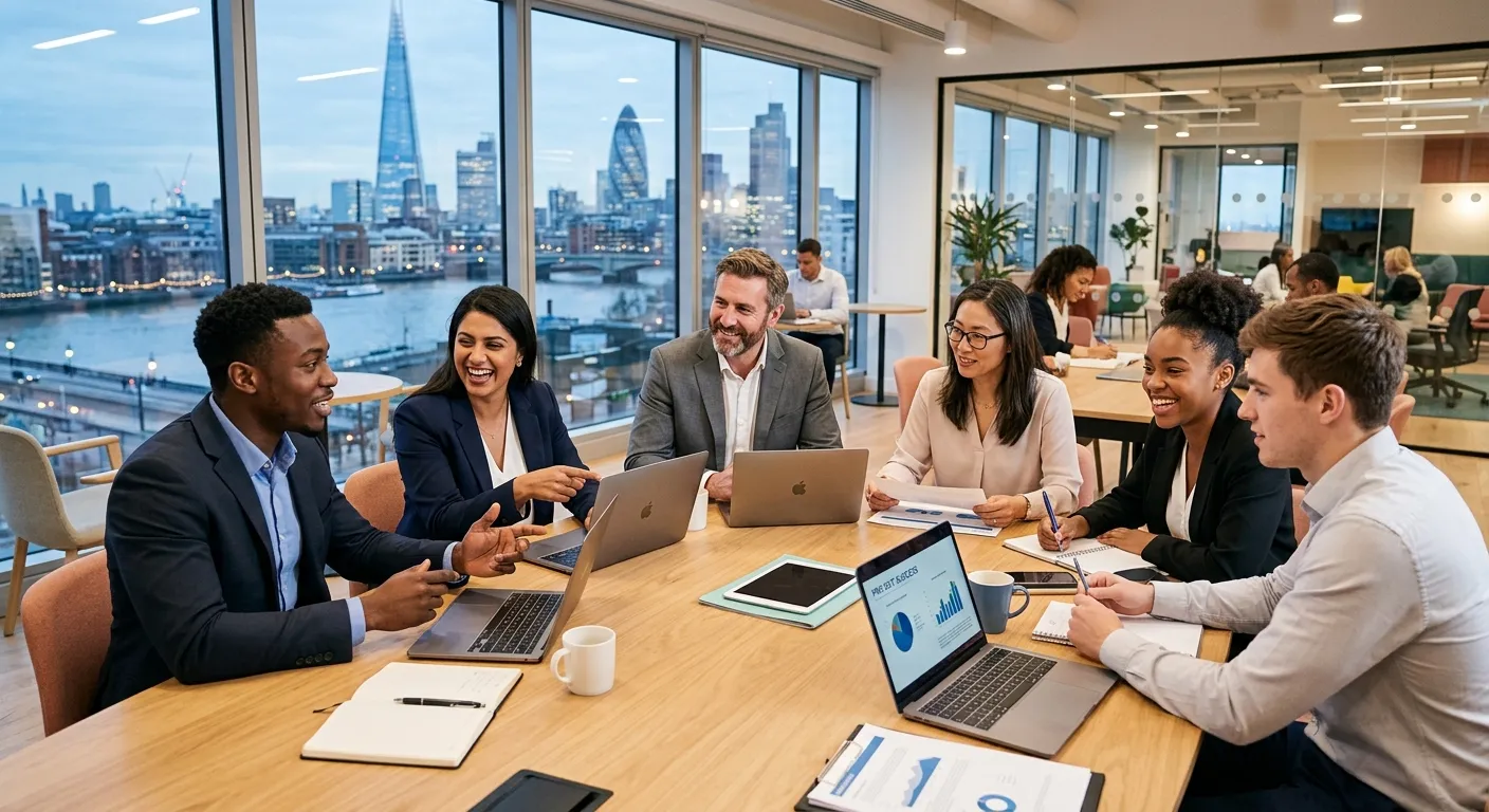 A professional, high-energy hero image showing a diverse team of professionals in a modern London of... A professional, high-energy hero image showing a diverse team of professionals in a modern London office setting, collaborating around a table with laptops and documents. The style should be bright, sharp, and convey success and partnership.
