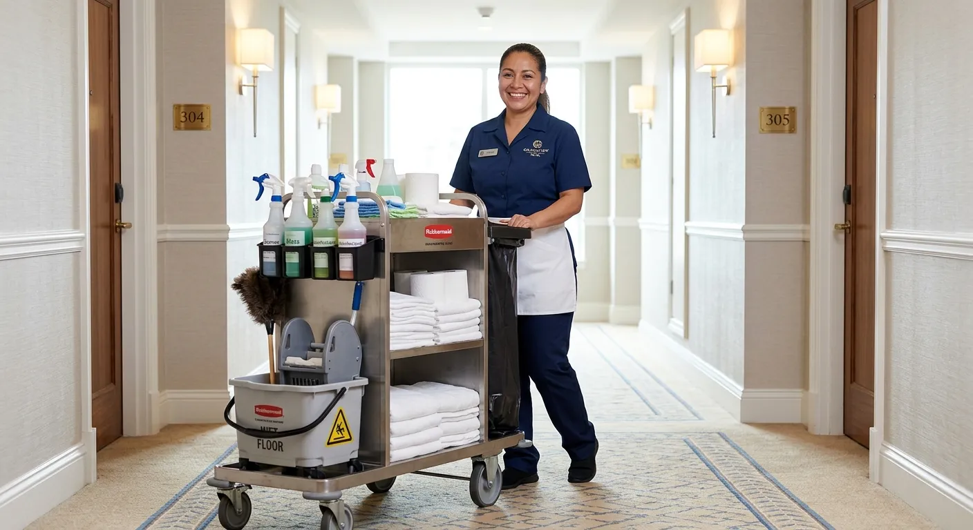 A professional, smiling housekeeper in a crisp, clean uniform, holding a trolley of cleaning supplies in a bright, well-maintained commercial setting, conveying trust and competence.