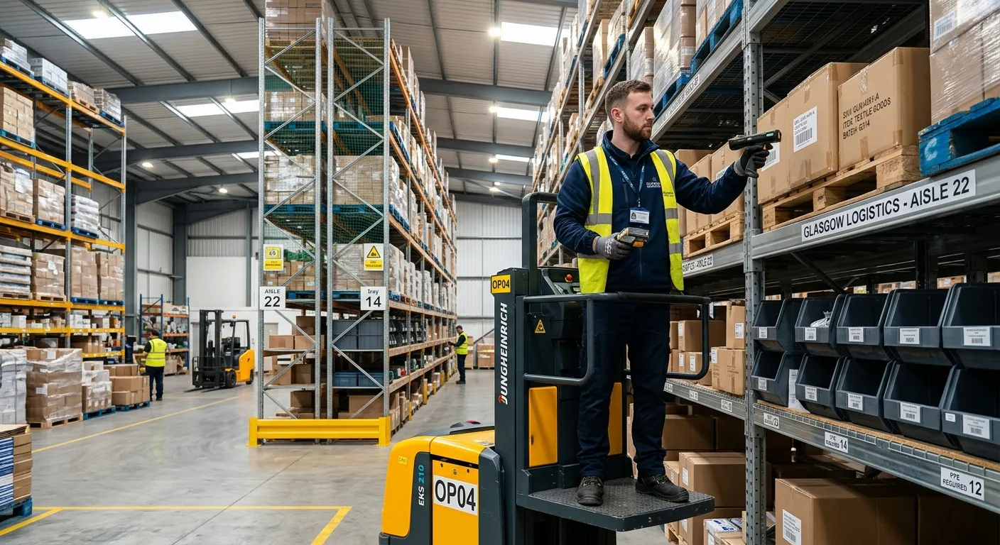 A professional, well-lit photo of an order picker in a modern, organised warehouse in Glasgow, using a handheld scanner to pick items from a high bay shelving unit. The image should convey efficiency, accuracy, and a safe working environment.