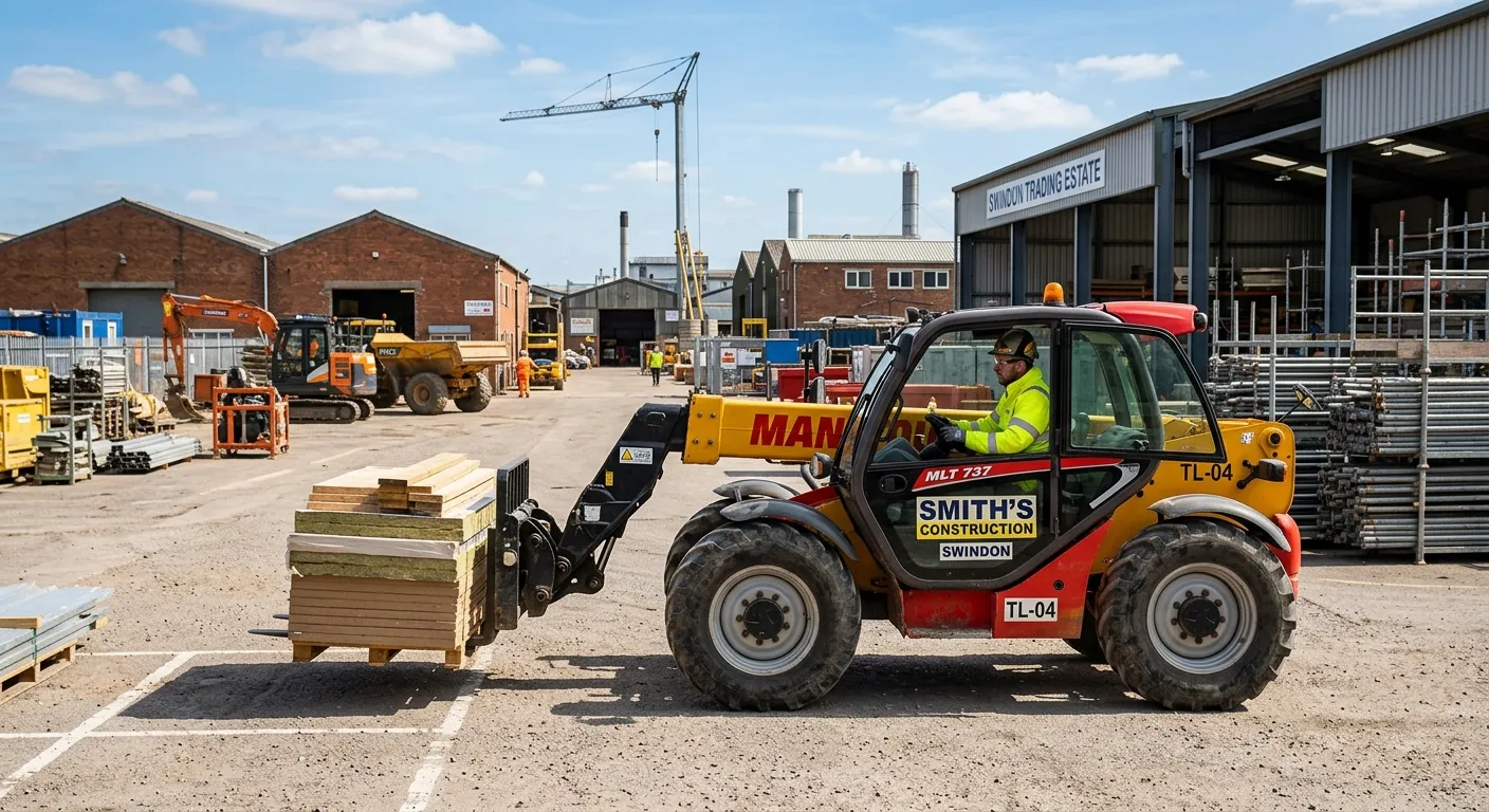 Professional photo of a Telehandler operator in a Swindon construction yard, safely manoeuvring a load, with clear blue skies and industrial buildings in the background. Style: Realistic, inspiring, action-oriented.