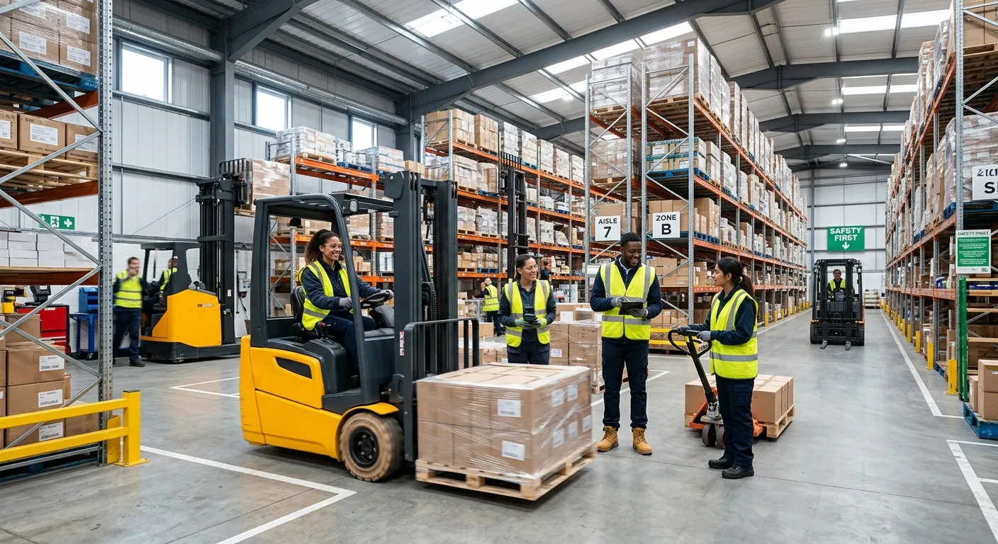A dynamic, professional shot of a modern, efficiently organized London warehouse interior. Diverse t... A dynamic, professional shot of a modern, efficiently organized London warehouse interior. Diverse team of warehouse operatives in high-visibility vests working collaboratively with forklifts and pallet racks in the background. Bright, clean, and energetic mood.
