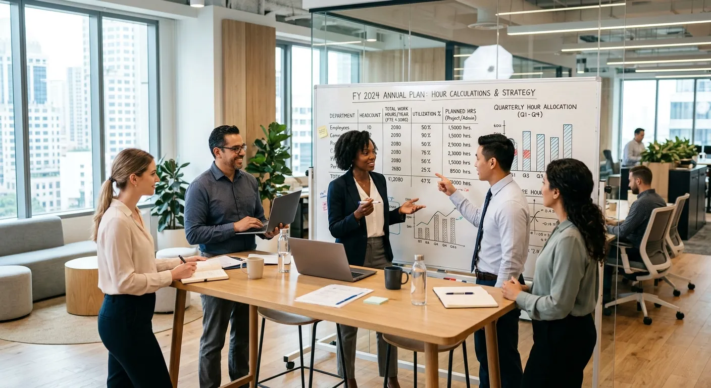 A professional, diverse team of employees collaborating in a modern, bright office setting, with a whiteboard displaying annual hour calculations and planning charts. Style: Corporate, clean, and aspirational.