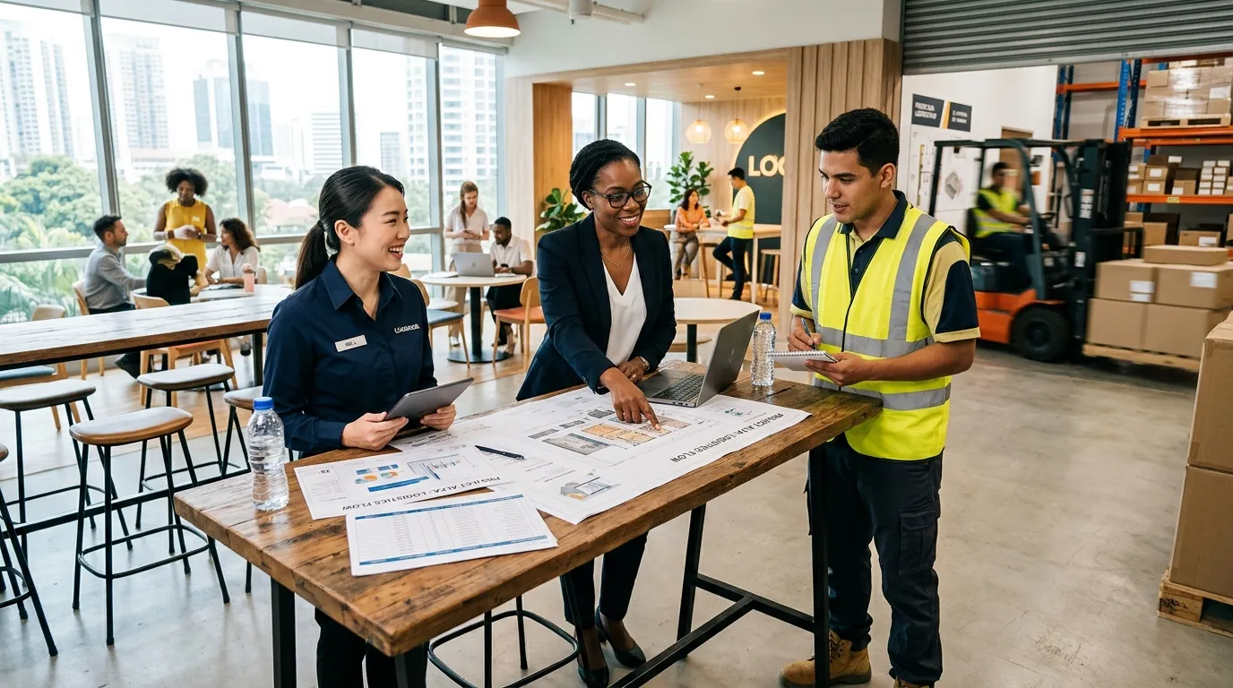 A dynamic, professional hero image showing a diverse team of agency staff in a modern workplace sett... A dynamic, professional hero image showing a diverse team of agency staff in a modern workplace setting. A manager is reviewing plans with a warehouse operative and a front-of-house staff member. Style is bright, energetic, and professional, conveying collaboration and efficiency.