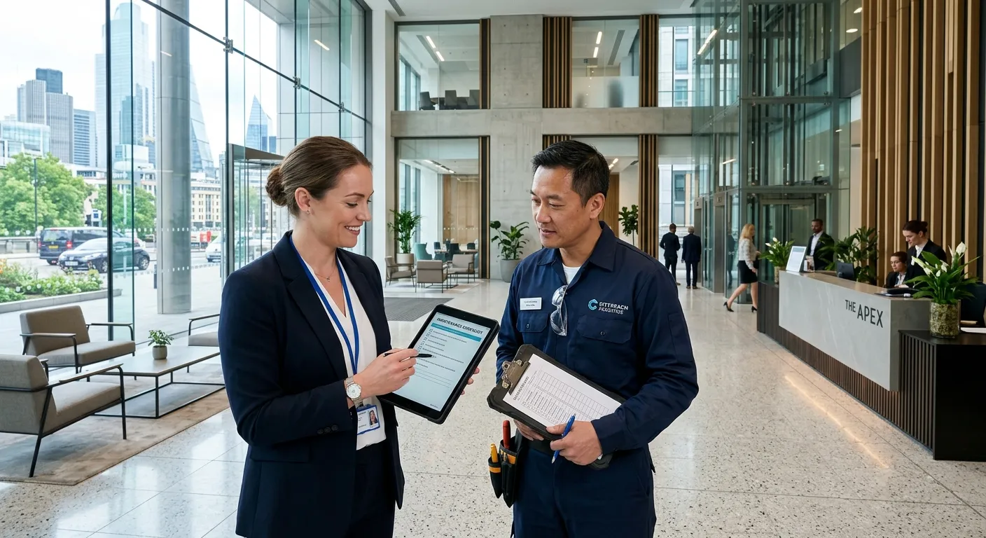 A modern, high-rise commercial building lobby with a facilities manager in professional attire reviewing a checklist with a maintenance technician. Style is professional, crisp, and bright, conveying efficiency and expertise.