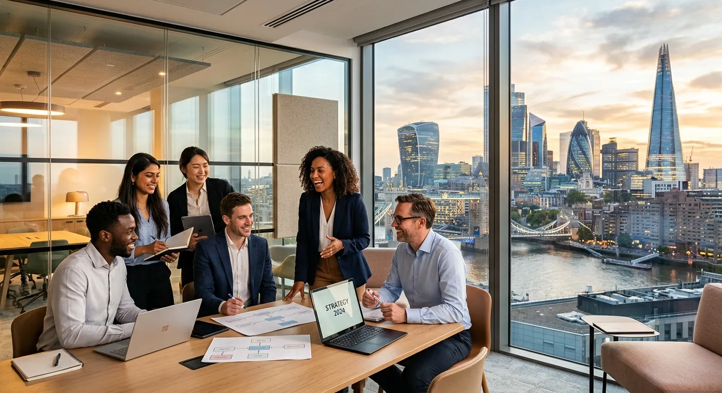 Professional, dynamic hero image showing a diverse team of professionals in a modern London office c... Professional, dynamic hero image showing a diverse team of professionals in a modern London office collaborating, with iconic London skyline (The Shard, Gherkin) visible through a window. Style: Bright, optimistic, professional. Mood: Energetic, successful, connected.