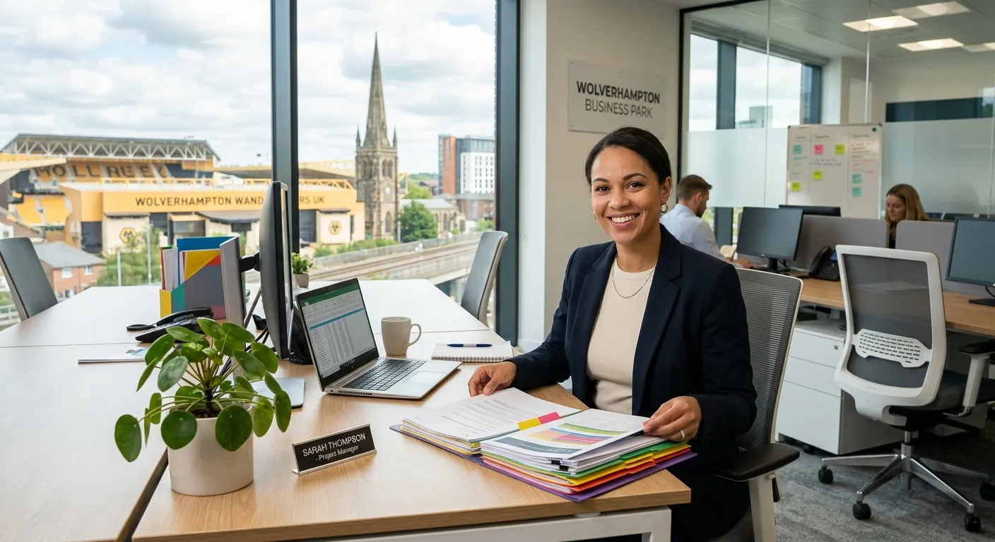 A professional, well-lit photograph of a modern, organised office environment in a Wolverhampton business park. A friendly, professional woman in business attire is smiling while organising documents at a clean desk, with cityscape visible through the window. Style: professional, inviting, local.