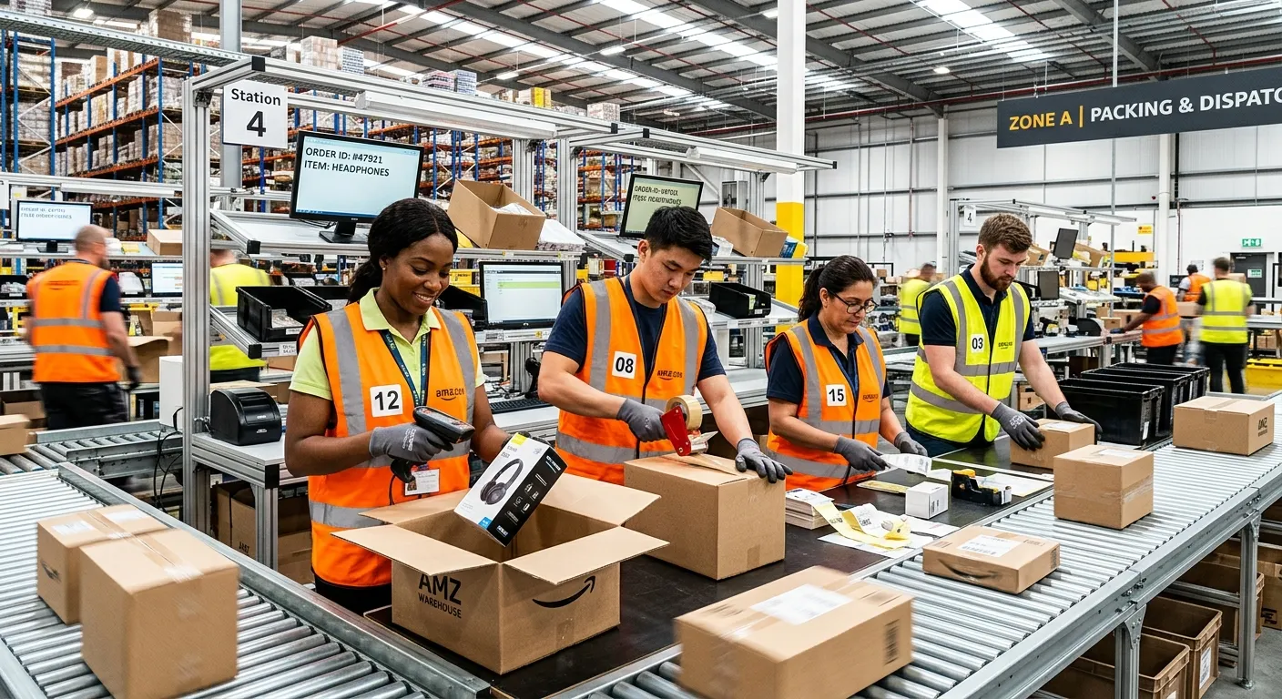A dynamic, high-contrast hero image of a modern, brightly lit warehouse. A diverse team of picking a... A dynamic, high-contrast hero image of a modern, brightly lit warehouse. A diverse team of picking and packing operatives in high-visibility vests are efficiently working at a packing station, scanning barcodes and placing items into boxes. The image should convey speed, accuracy, and teamwork.